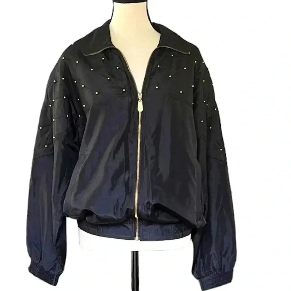 Fuda International Beaded Silk Black  Bomber‎ Jacket Cyber Grunge Y2K Sz M